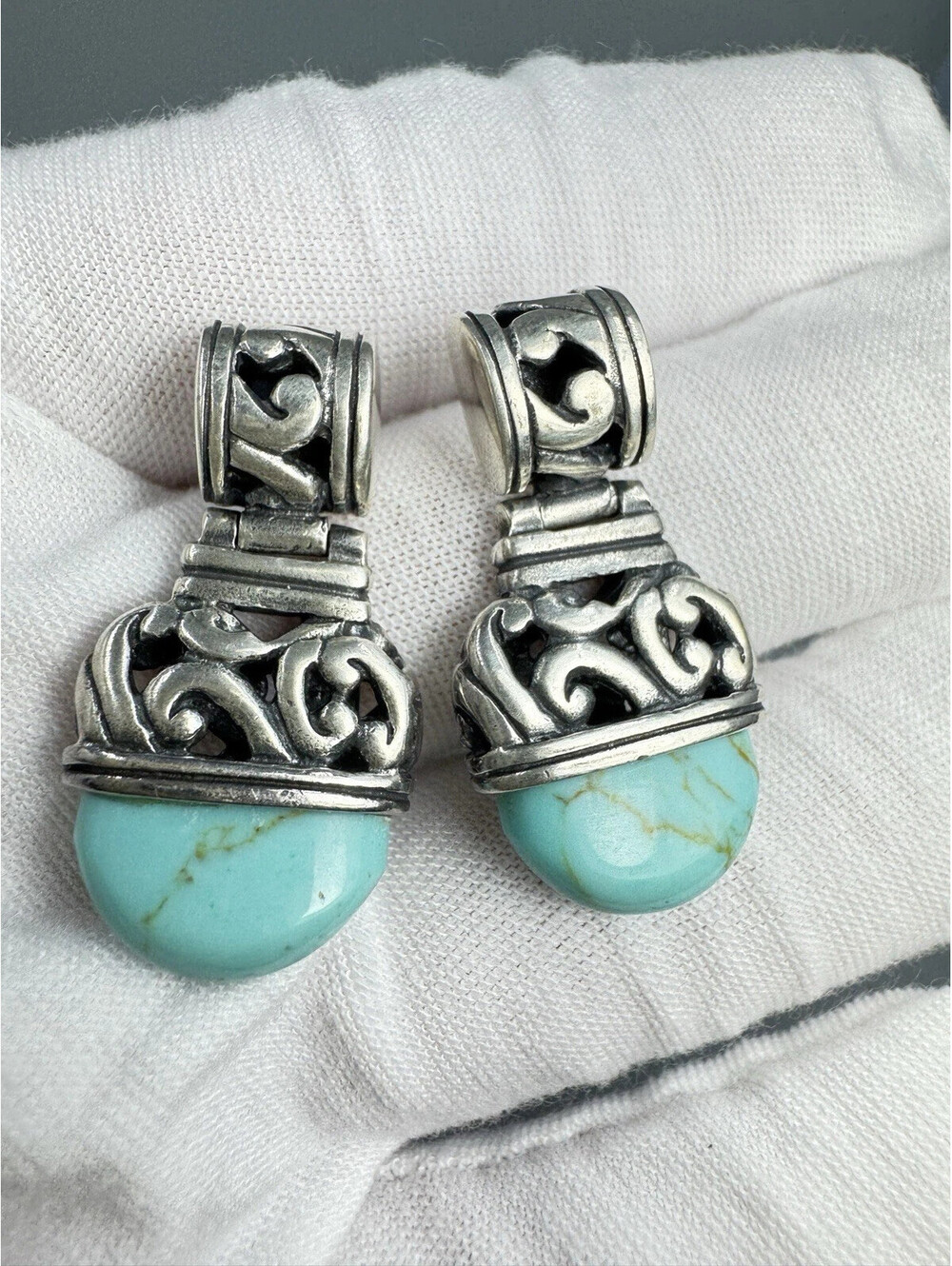 Vintage ADI Thai Sterling Silver 925 Turquoise Scroll Earrings Boho Southwest